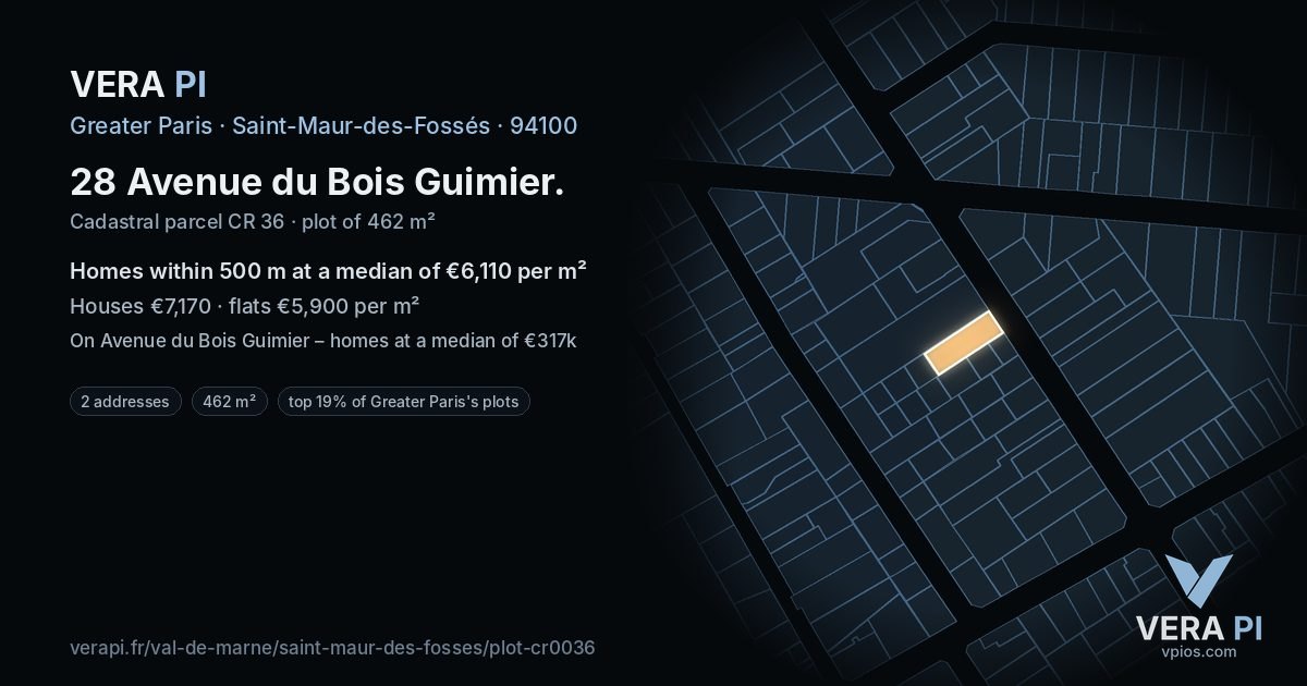 28 Avenue du Bois Guimier, Saint-Maur-des-Fossés at night – the plot lit, the parcels around coloured by the prices near them