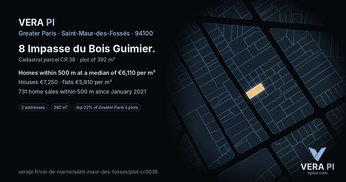 8 Impasse du Bois Guimier, Saint-Maur-des-Fossés at night – the plot lit, the parcels around coloured by the prices near them