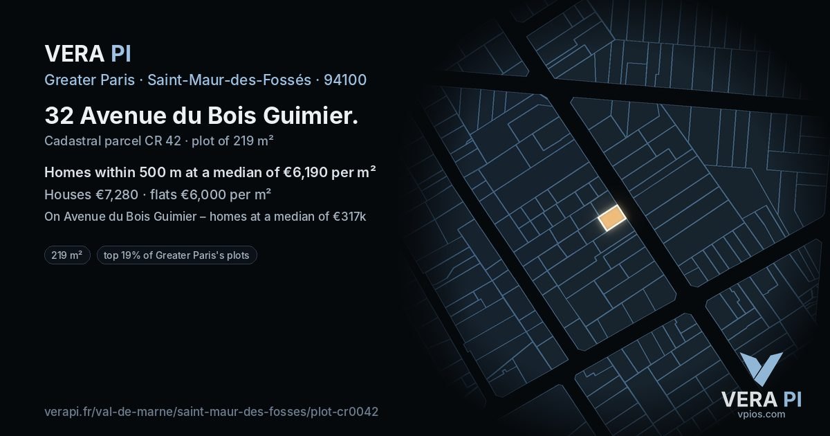 32 Avenue du Bois Guimier, Saint-Maur-des-Fossés at night – the plot lit, the parcels around coloured by the prices near them