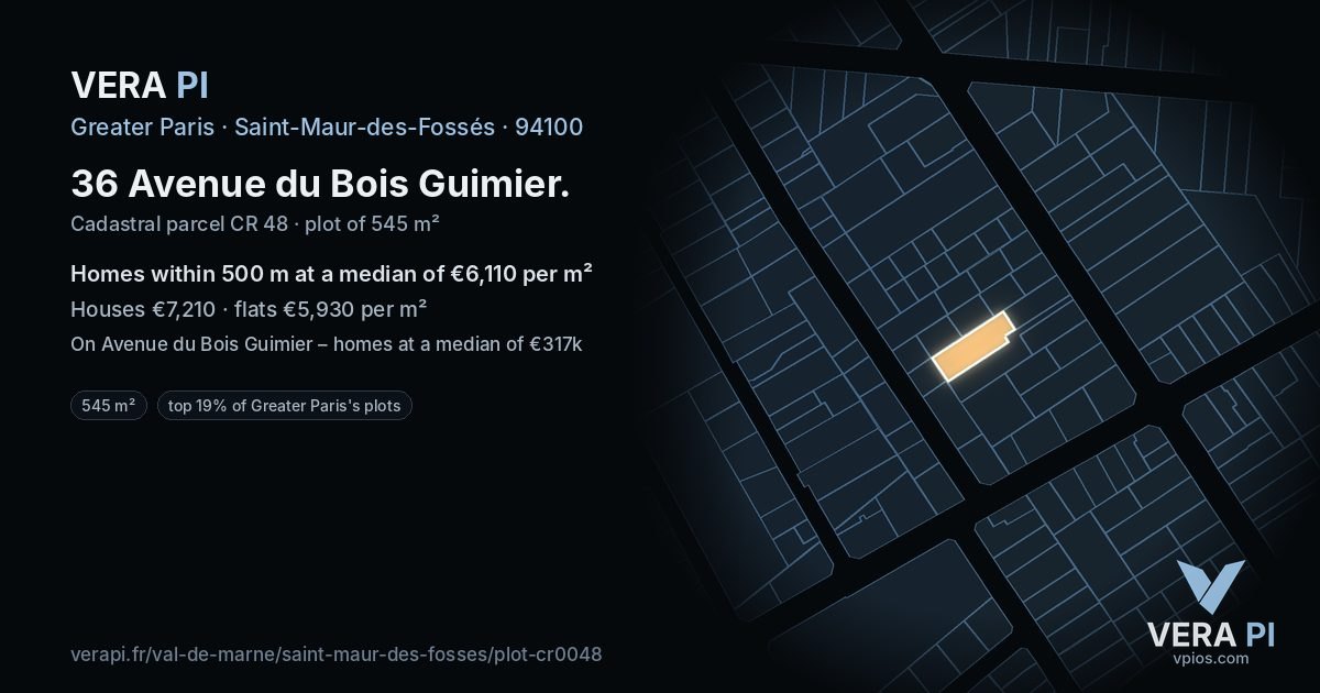 36 Avenue du Bois Guimier, Saint-Maur-des-Fossés at night – the plot lit, the parcels around coloured by the prices near them