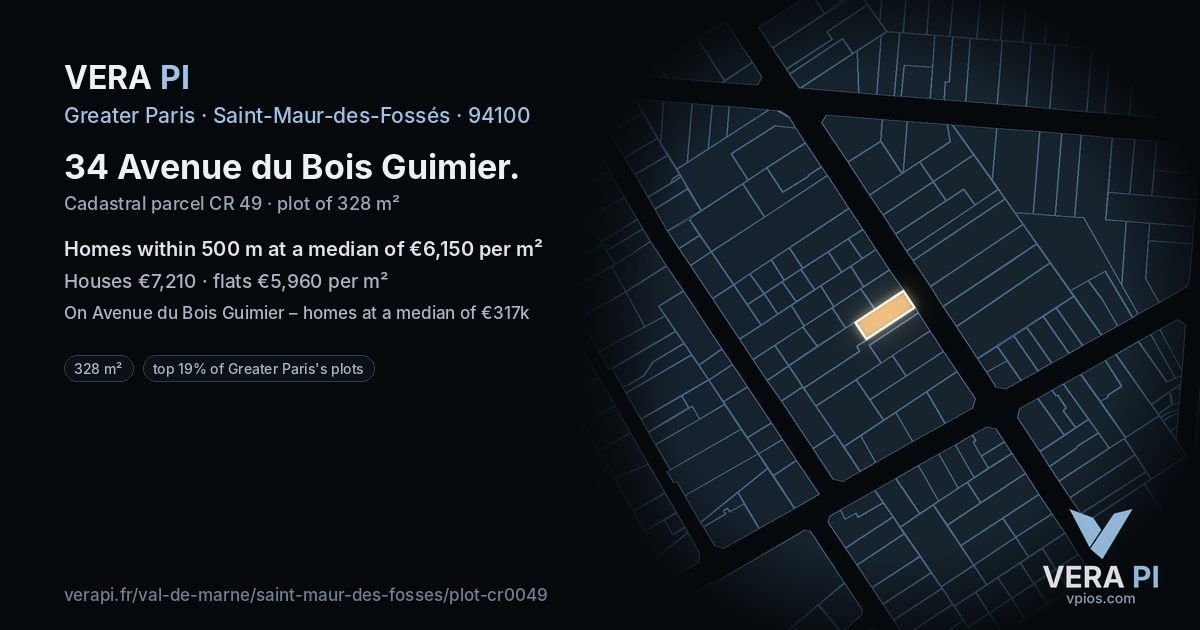 34 Avenue du Bois Guimier, Saint-Maur-des-Fossés at night – the plot lit, the parcels around coloured by the prices near them