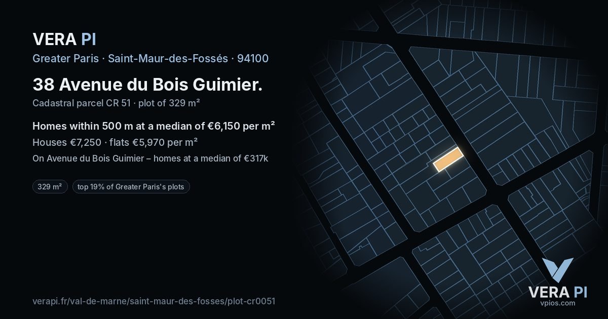 38 Avenue du Bois Guimier, Saint-Maur-des-Fossés at night – the plot lit, the parcels around coloured by the prices near them