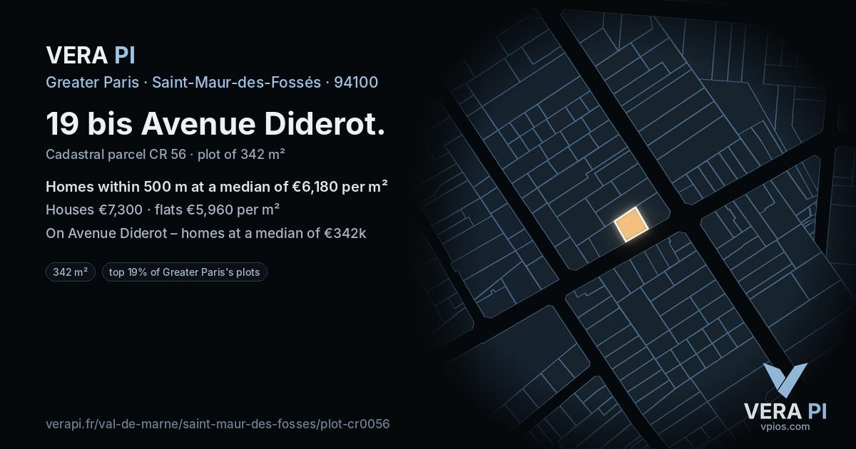 19 bis Avenue Diderot, Saint-Maur-des-Fossés at night – the plot lit, the parcels around coloured by the prices near them