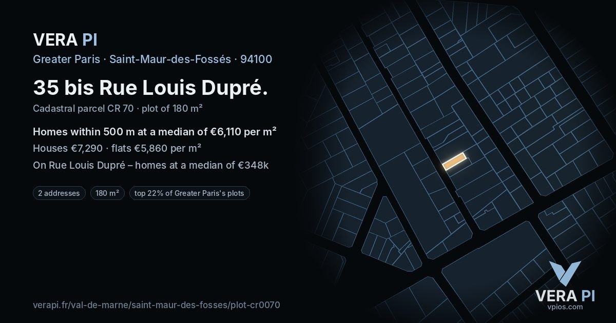 35 bis Rue Louis Dupré, Saint-Maur-des-Fossés at night – the plot lit, the parcels around coloured by the prices near them