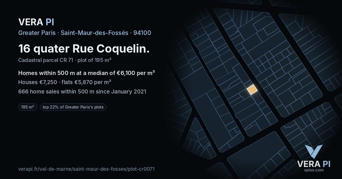 16 quater Rue Coquelin, Saint-Maur-des-Fossés at night – the plot lit, the parcels around coloured by the prices near them
