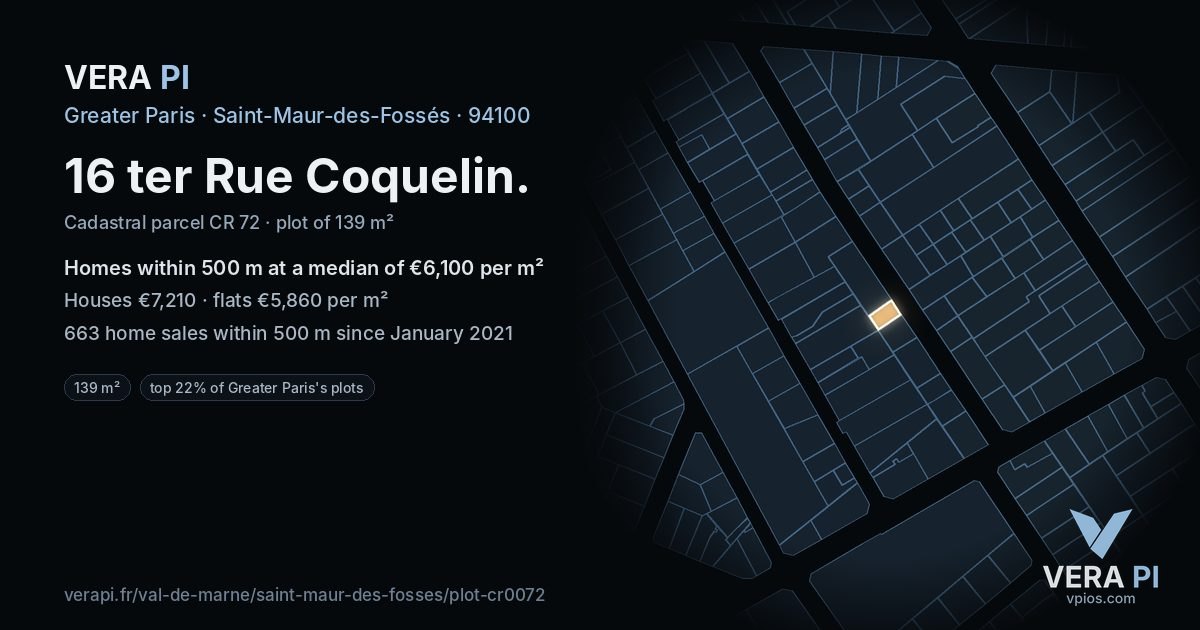 16 ter Rue Coquelin, Saint-Maur-des-Fossés at night – the plot lit, the parcels around coloured by the prices near them