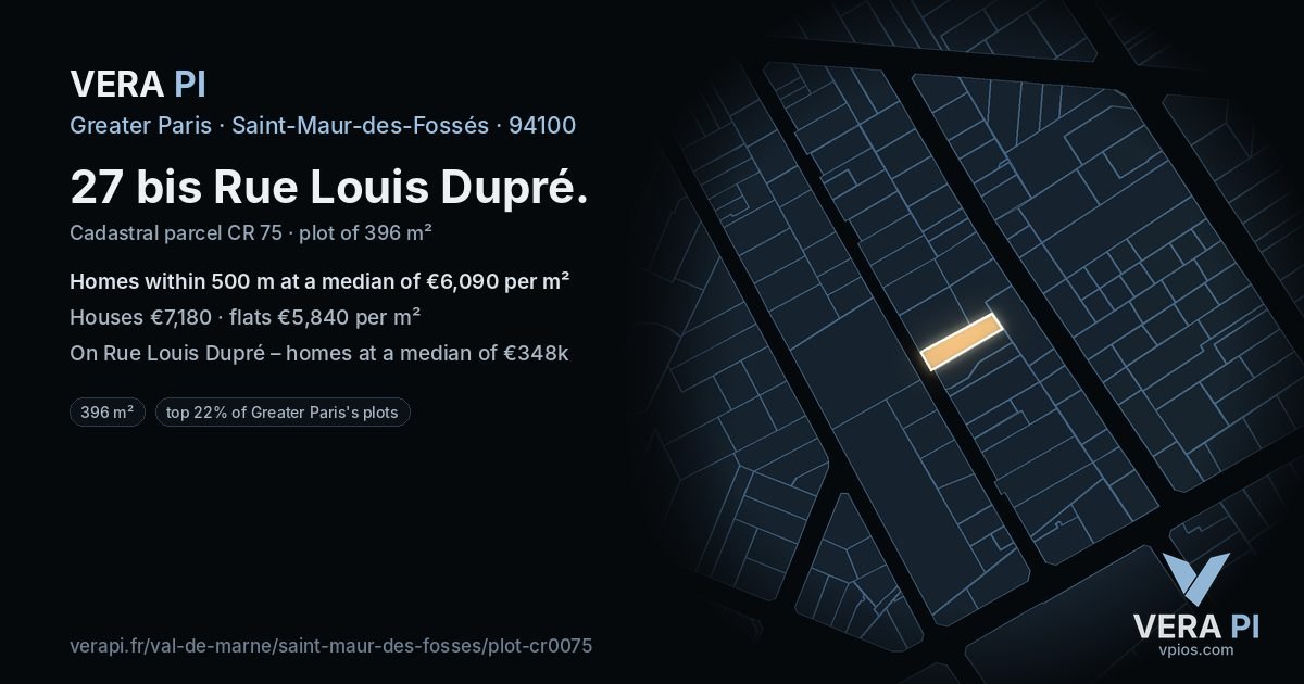 27 bis Rue Louis Dupré, Saint-Maur-des-Fossés at night – the plot lit, the parcels around coloured by the prices near them