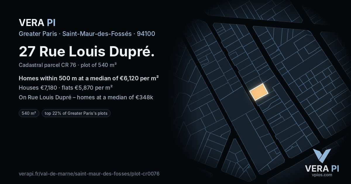 27 Rue Louis Dupré, Saint-Maur-des-Fossés at night – the plot lit, the parcels around coloured by the prices near them