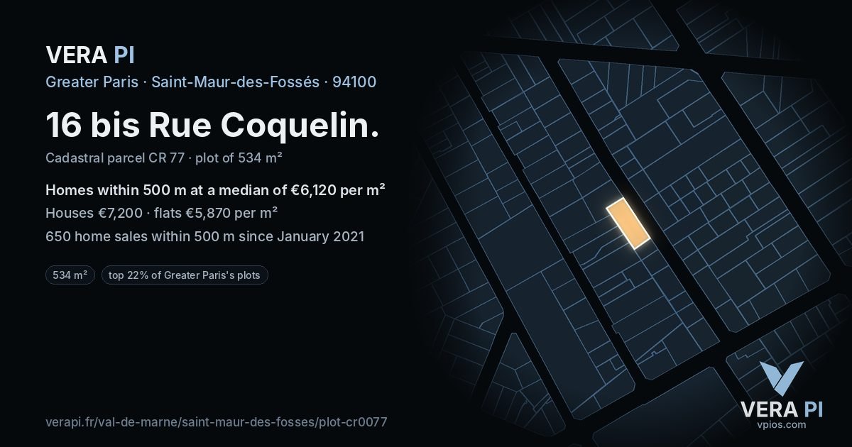 16 bis Rue Coquelin, Saint-Maur-des-Fossés at night – the plot lit, the parcels around coloured by the prices near them