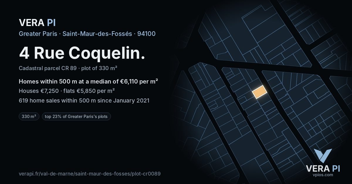 4 Rue Coquelin, Saint-Maur-des-Fossés at night – the plot lit, the parcels around coloured by the prices near them