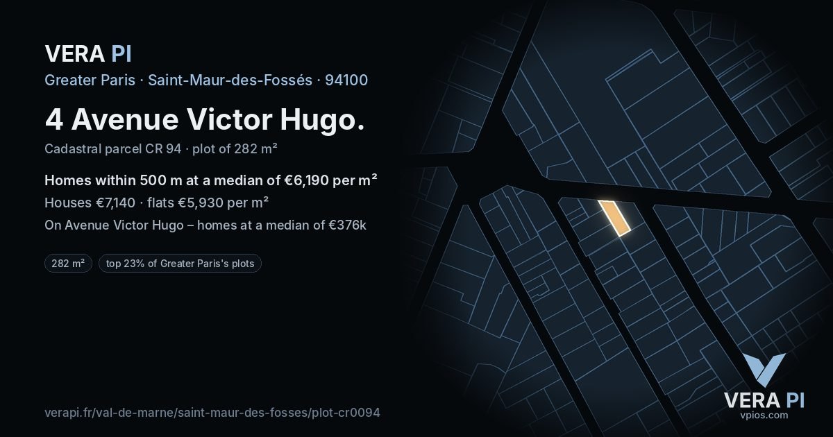 4 Avenue Victor Hugo, Saint-Maur-des-Fossés at night – the plot lit, the parcels around coloured by the prices near them