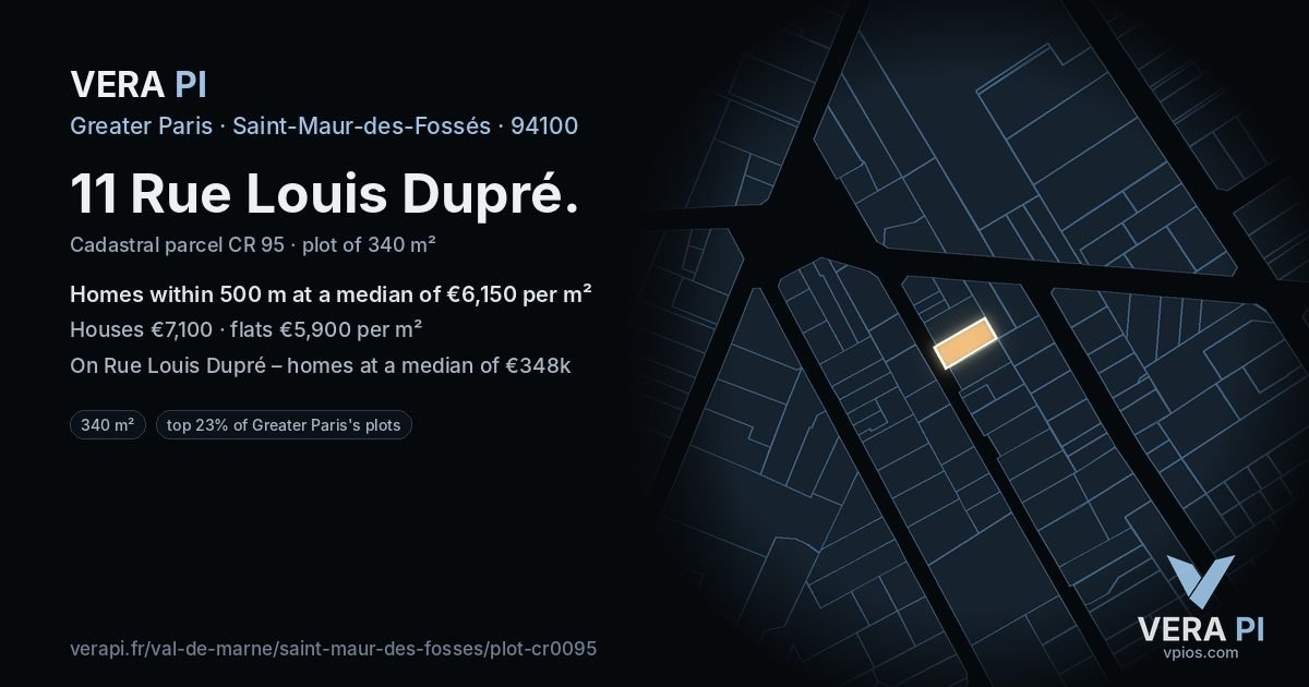 11 Rue Louis Dupré, Saint-Maur-des-Fossés at night – the plot lit, the parcels around coloured by the prices near them