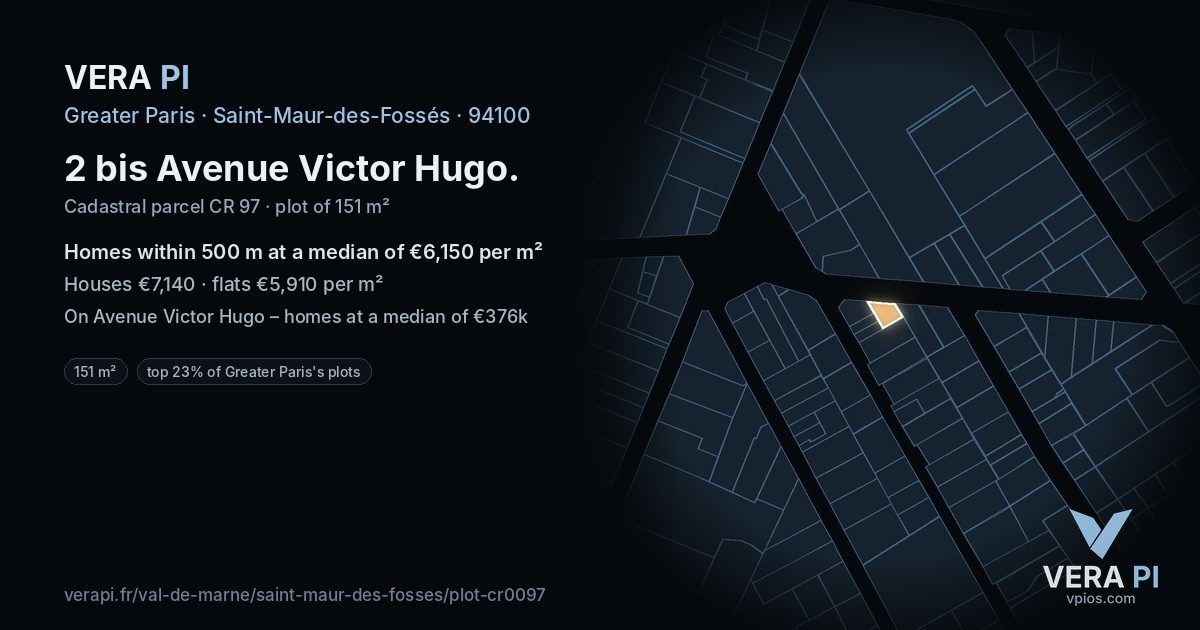 2 bis Avenue Victor Hugo, Saint-Maur-des-Fossés at night – the plot lit, the parcels around coloured by the prices near them