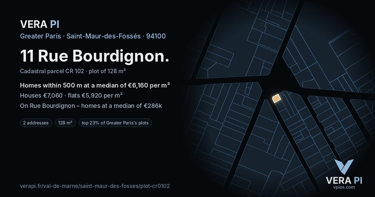 11 Rue Bourdignon, Saint-Maur-des-Fossés at night – the plot lit, the parcels around coloured by the prices near them