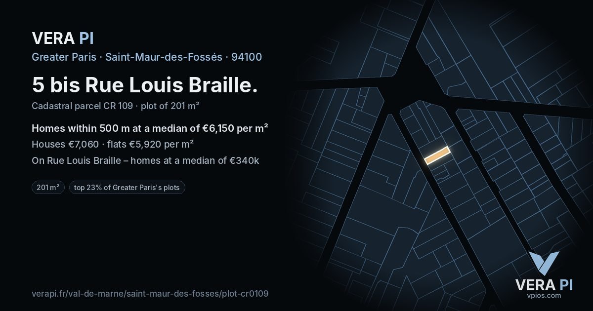 5 bis Rue Louis Braille, Saint-Maur-des-Fossés at night – the plot lit, the parcels around coloured by the prices near them