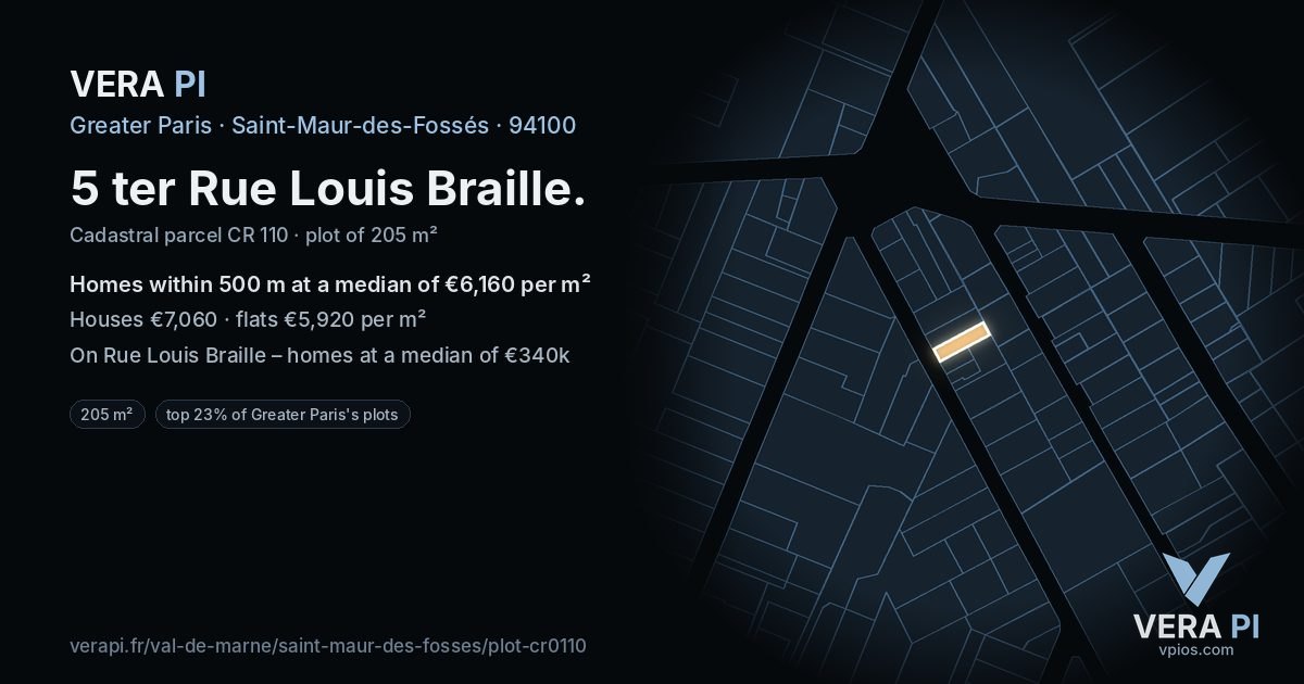 5 ter Rue Louis Braille, Saint-Maur-des-Fossés at night – the plot lit, the parcels around coloured by the prices near them