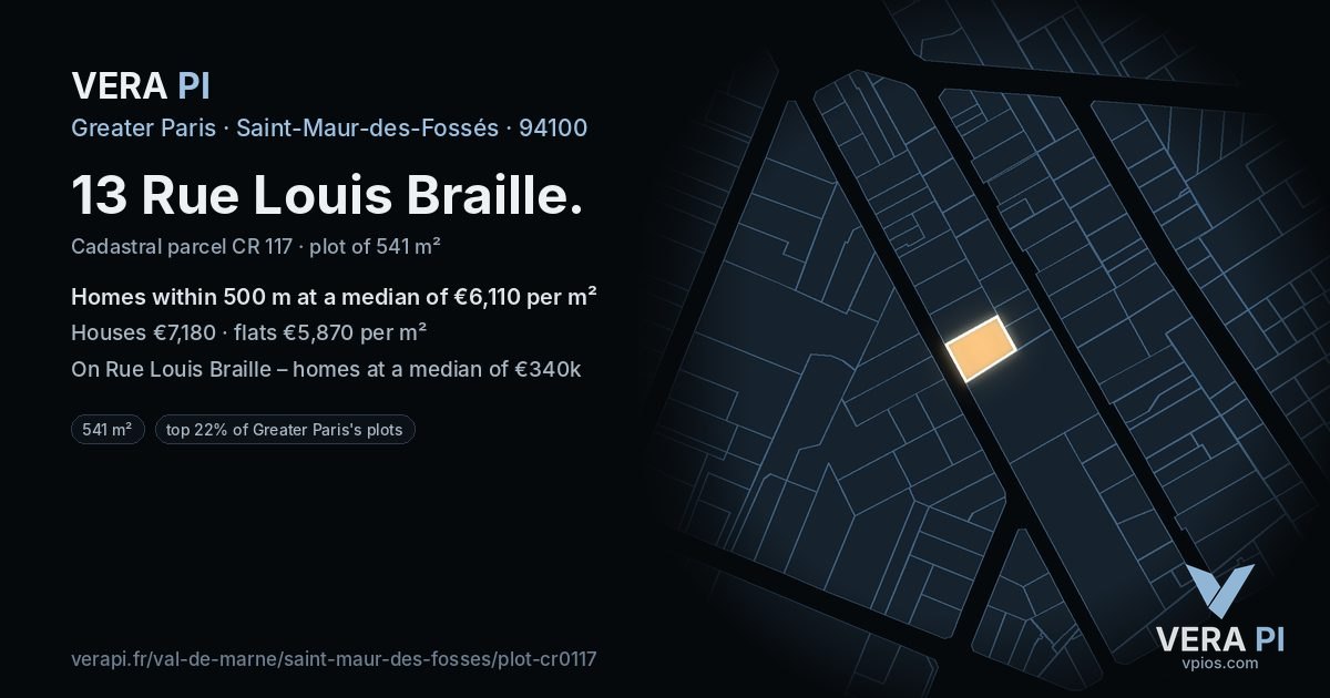13 Rue Louis Braille, Saint-Maur-des-Fossés at night – the plot lit, the parcels around coloured by the prices near them