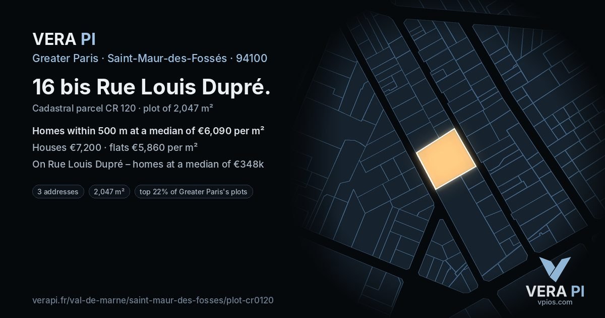 16 bis Rue Louis Dupré, Saint-Maur-des-Fossés at night – the plot lit, the parcels around coloured by the prices near them