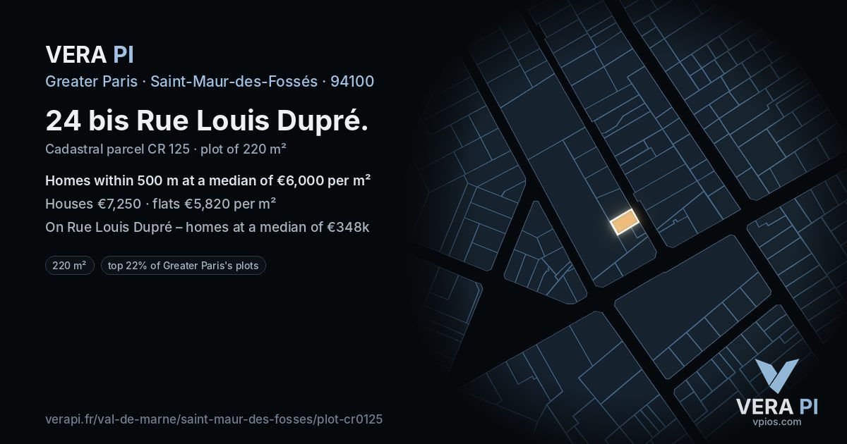 24 bis Rue Louis Dupré, Saint-Maur-des-Fossés at night – the plot lit, the parcels around coloured by the prices near them