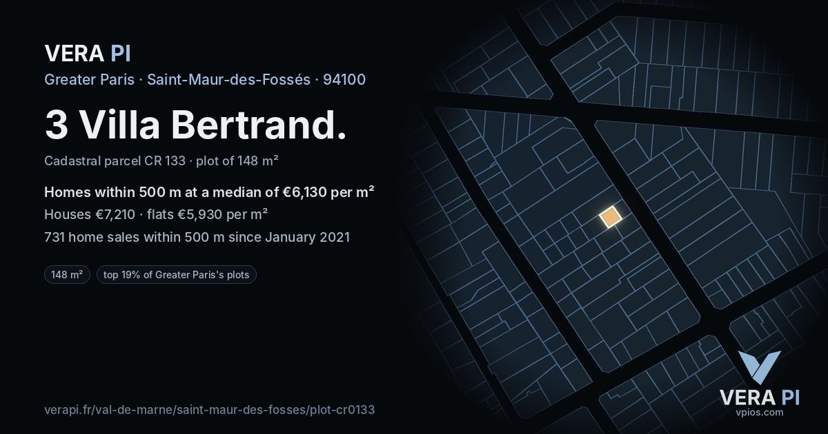 3 Villa Bertrand, Saint-Maur-des-Fossés at night – the plot lit, the parcels around coloured by the prices near them