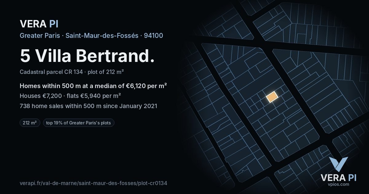 5 Villa Bertrand, Saint-Maur-des-Fossés at night – the plot lit, the parcels around coloured by the prices near them