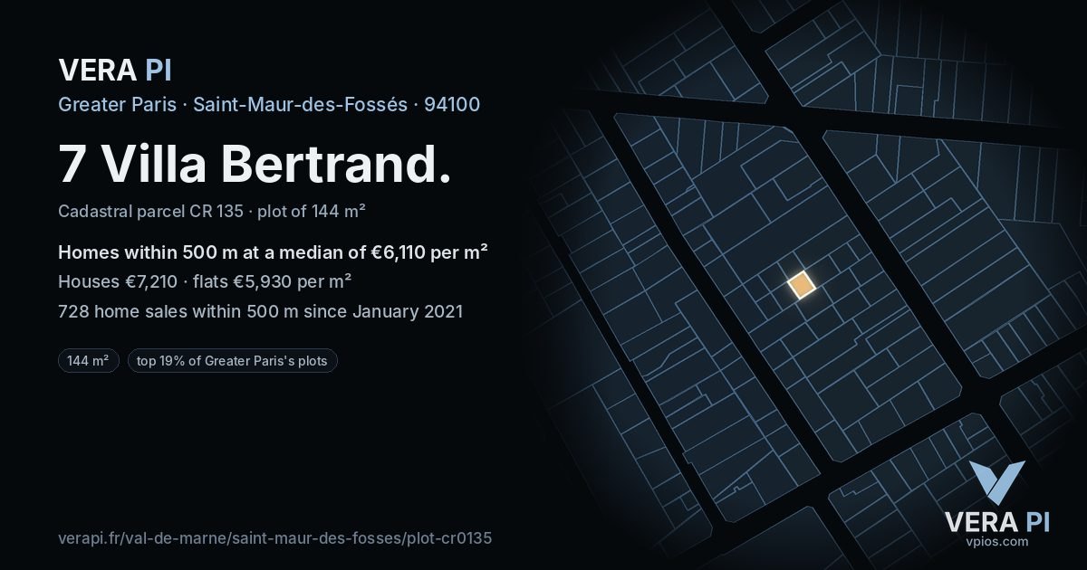 7 Villa Bertrand, Saint-Maur-des-Fossés at night – the plot lit, the parcels around coloured by the prices near them