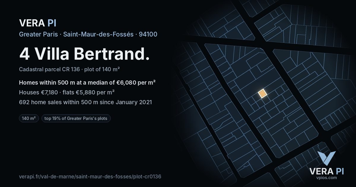 4 Villa Bertrand, Saint-Maur-des-Fossés at night – the plot lit, the parcels around coloured by the prices near them