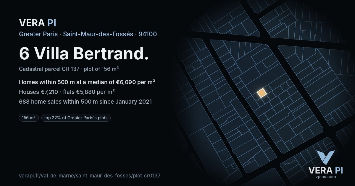 6 Villa Bertrand, Saint-Maur-des-Fossés at night – the plot lit, the parcels around coloured by the prices near them