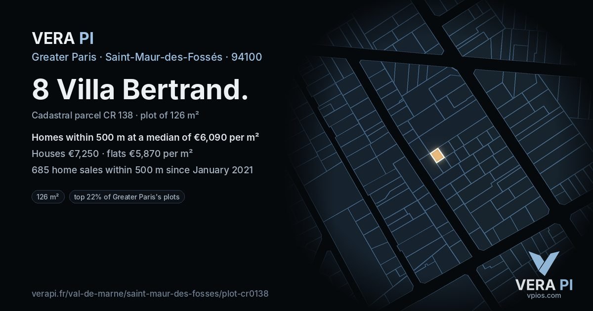 8 Villa Bertrand, Saint-Maur-des-Fossés at night – the plot lit, the parcels around coloured by the prices near them