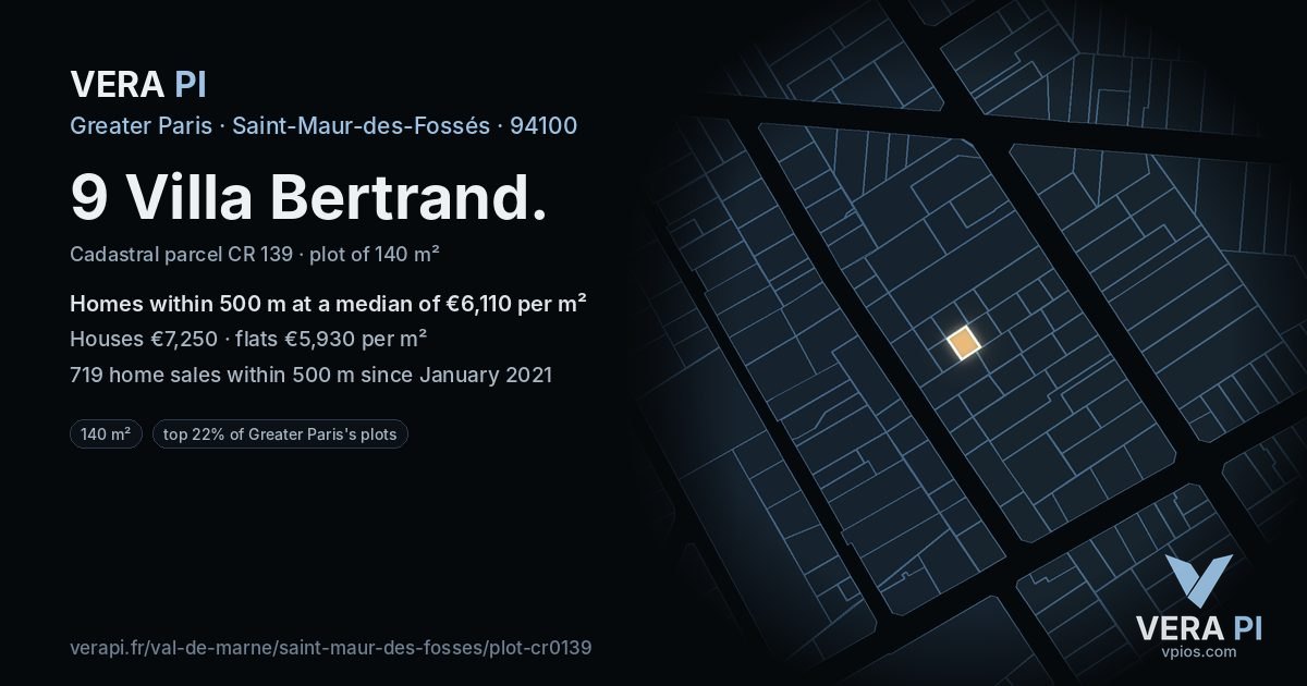 9 Villa Bertrand, Saint-Maur-des-Fossés at night – the plot lit, the parcels around coloured by the prices near them