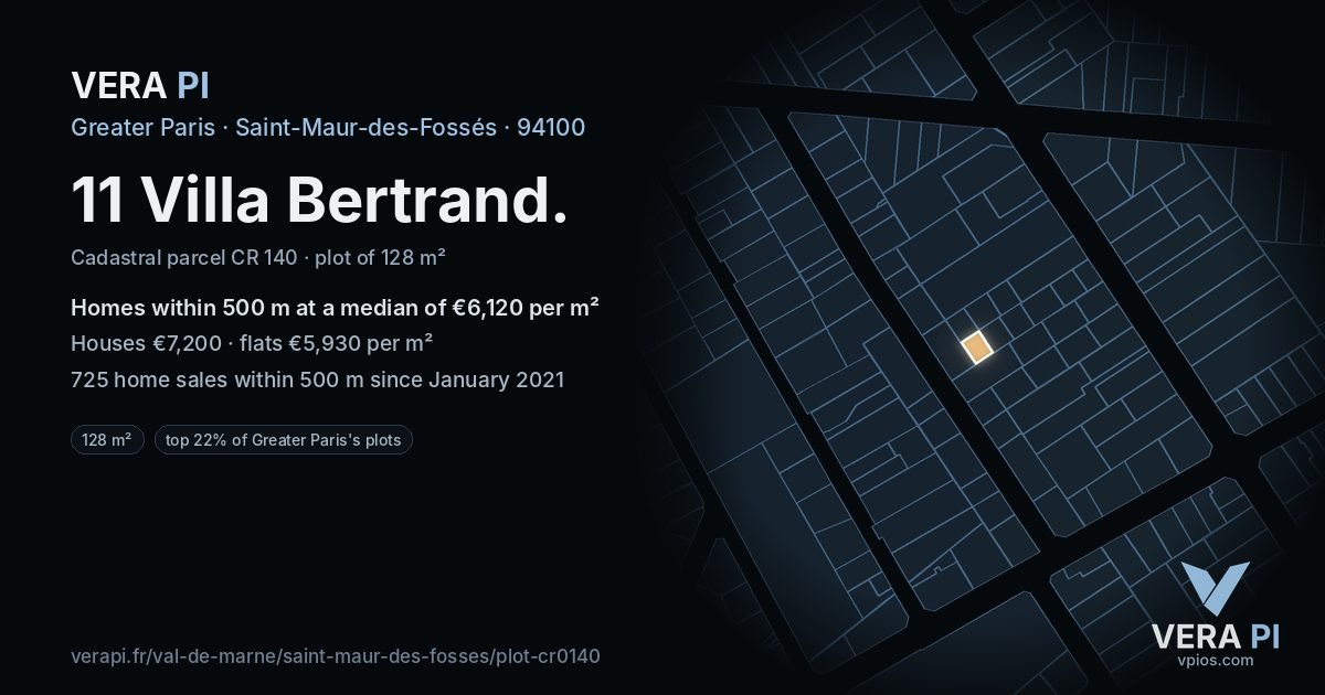 11 Villa Bertrand, Saint-Maur-des-Fossés at night – the plot lit, the parcels around coloured by the prices near them