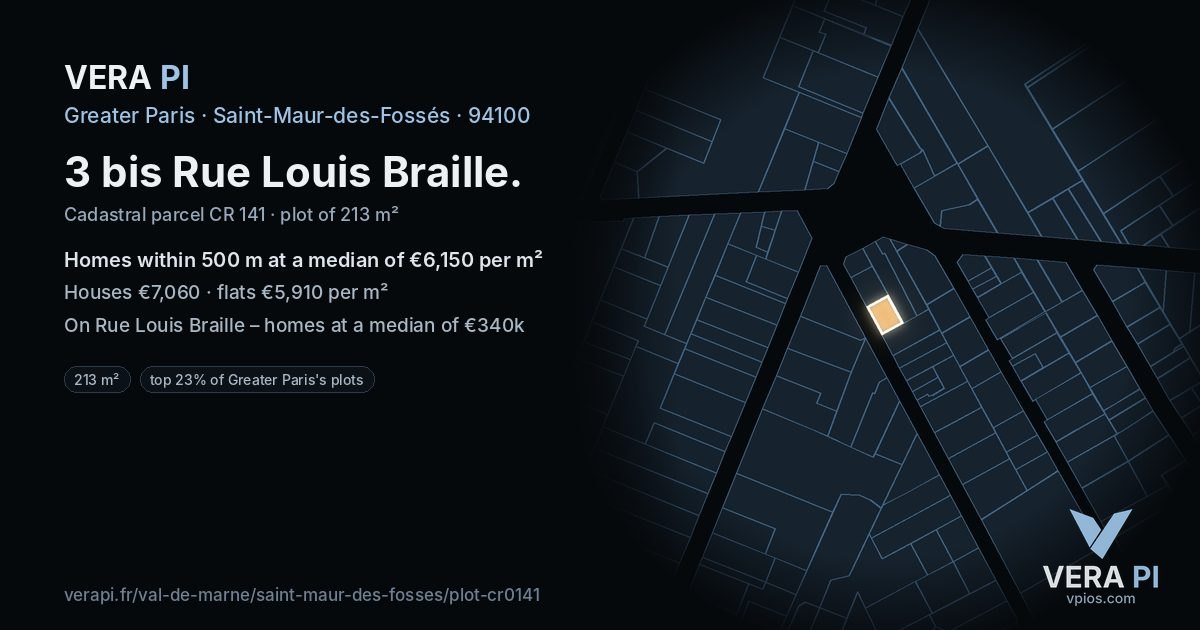 3 bis Rue Louis Braille, Saint-Maur-des-Fossés at night – the plot lit, the parcels around coloured by the prices near them