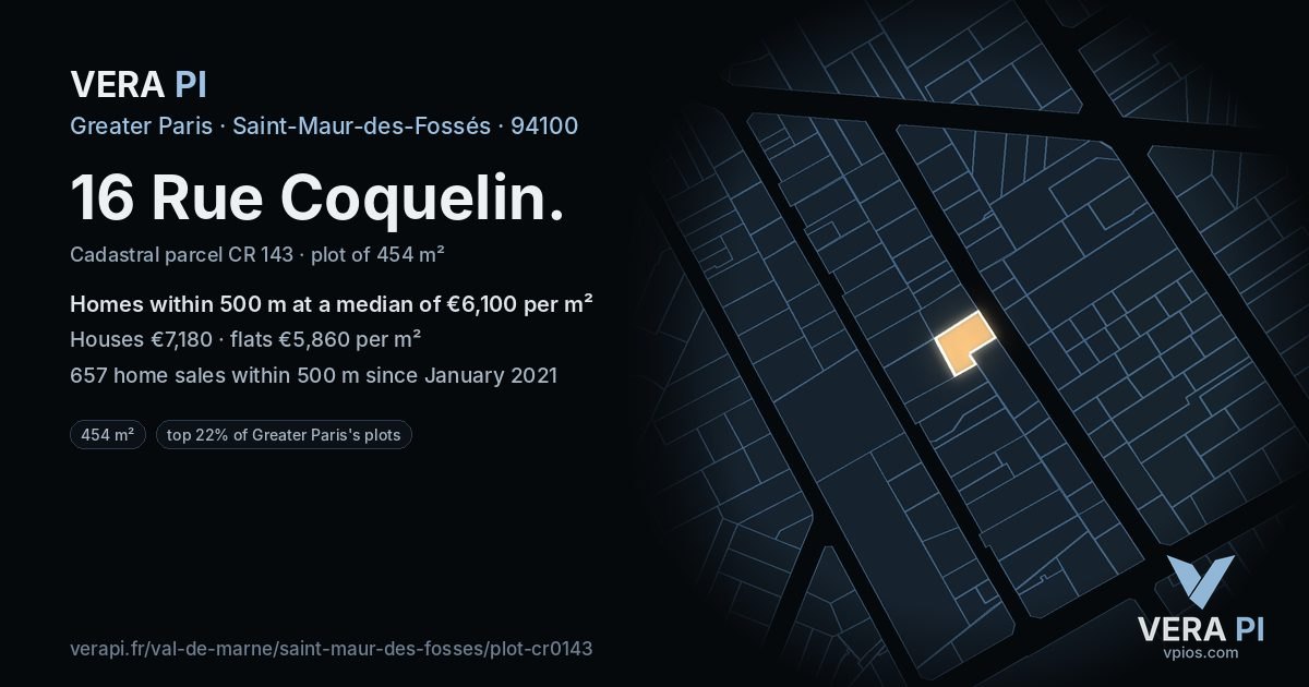 16 Rue Coquelin, Saint-Maur-des-Fossés at night – the plot lit, the parcels around coloured by the prices near them