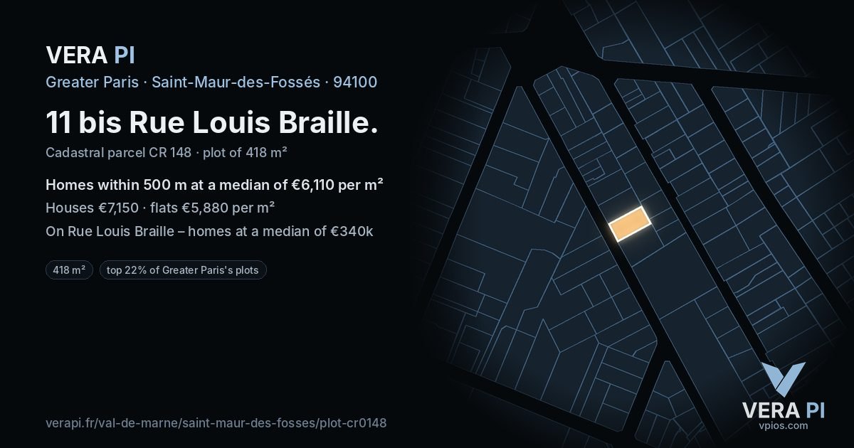 11 bis Rue Louis Braille, Saint-Maur-des-Fossés at night – the plot lit, the parcels around coloured by the prices near them