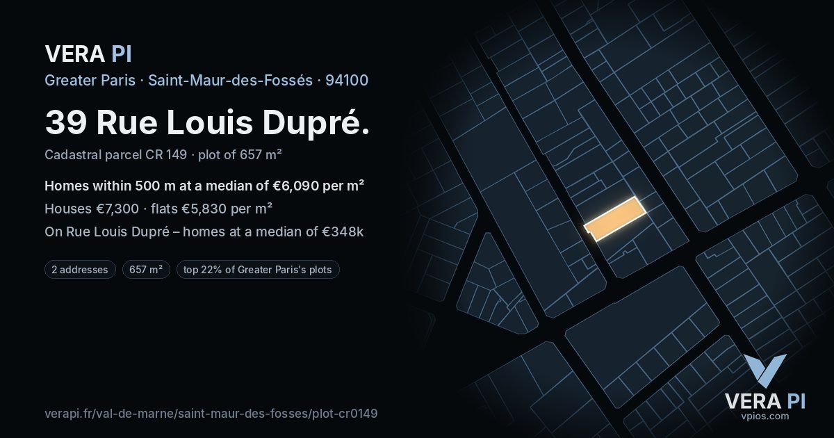 39 Rue Louis Dupré, Saint-Maur-des-Fossés at night – the plot lit, the parcels around coloured by the prices near them