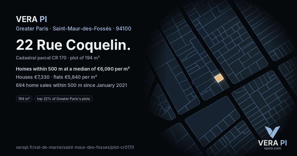 22 Rue Coquelin, Saint-Maur-des-Fossés at night – the plot lit, the parcels around coloured by the prices near them