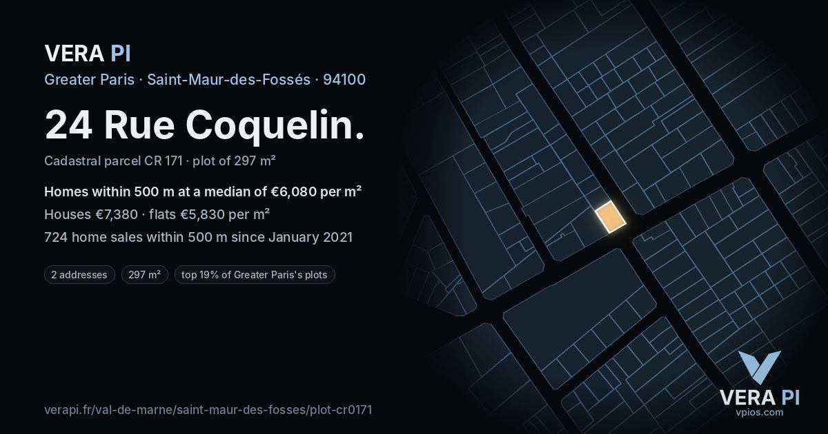 24 Rue Coquelin, Saint-Maur-des-Fossés at night – the plot lit, the parcels around coloured by the prices near them