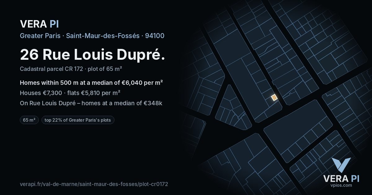 26 Rue Louis Dupré, Saint-Maur-des-Fossés at night – the plot lit, the parcels around coloured by the prices near them