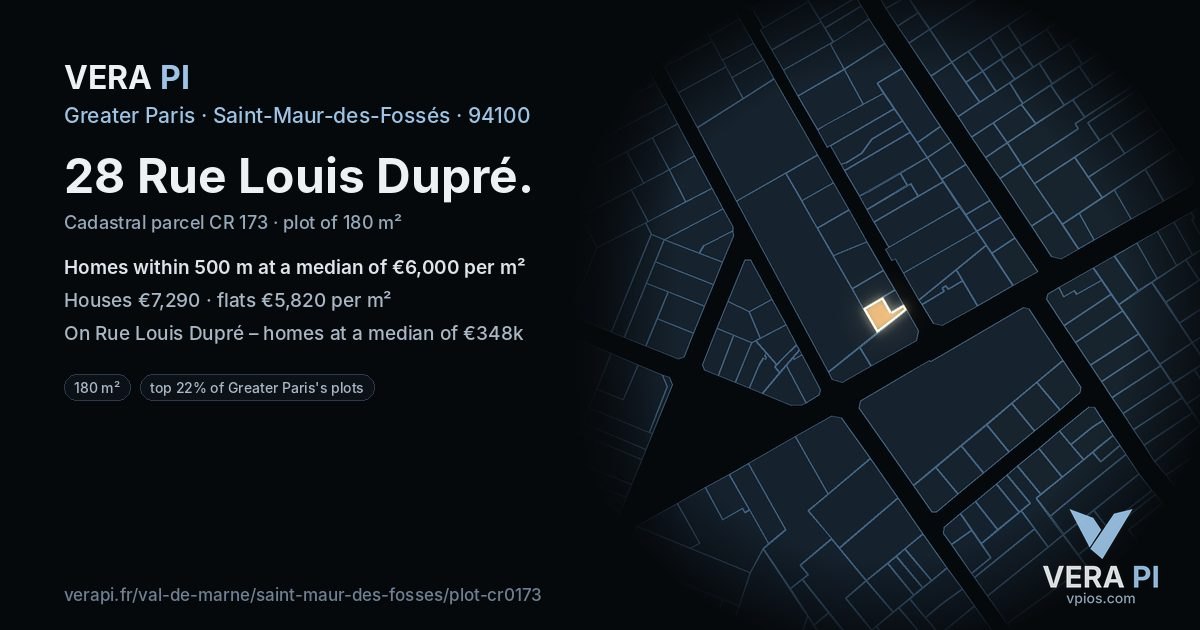 28 Rue Louis Dupré, Saint-Maur-des-Fossés at night – the plot lit, the parcels around coloured by the prices near them
