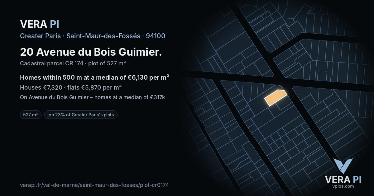20 Avenue du Bois Guimier, Saint-Maur-des-Fossés at night – the plot lit, the parcels around coloured by the prices near them