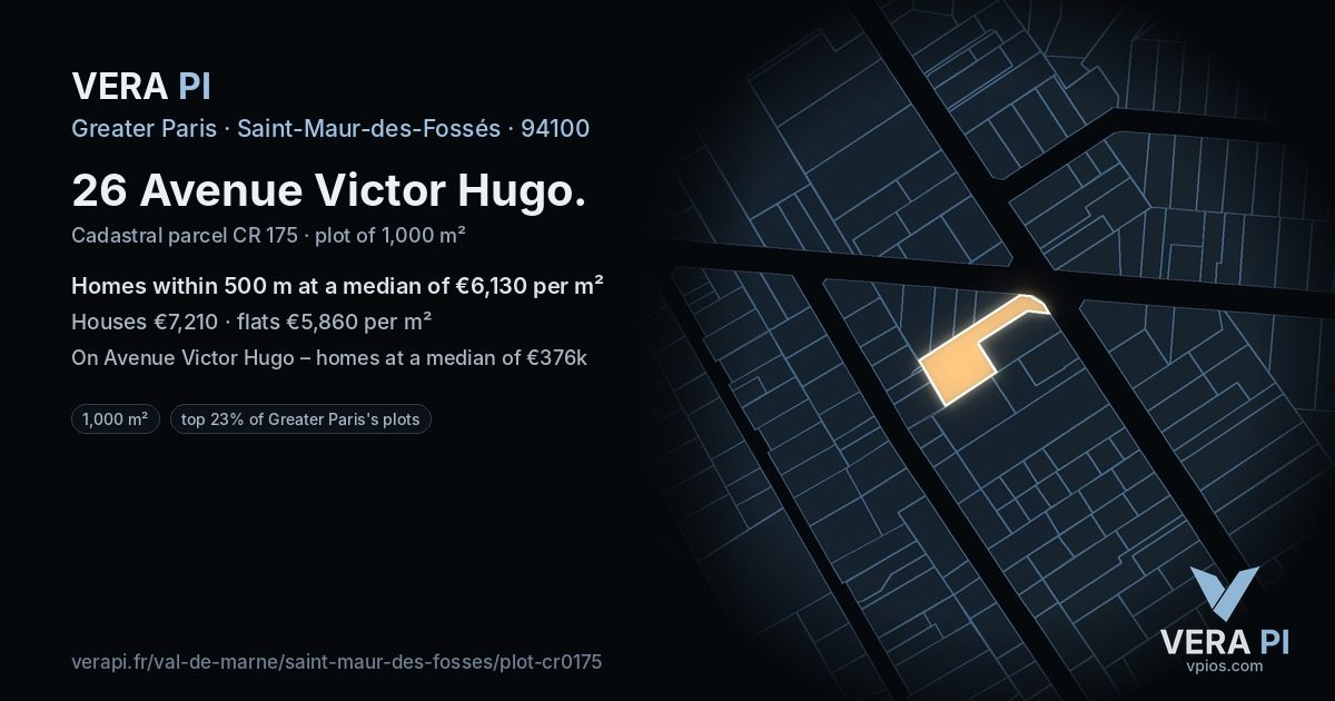 26 Avenue Victor Hugo, Saint-Maur-des-Fossés at night – the plot lit, the parcels around coloured by the prices near them