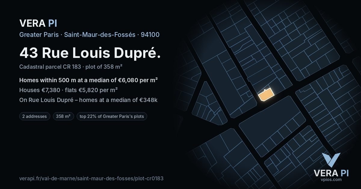 43 Rue Louis Dupré, Saint-Maur-des-Fossés at night – the plot lit, the parcels around coloured by the prices near them