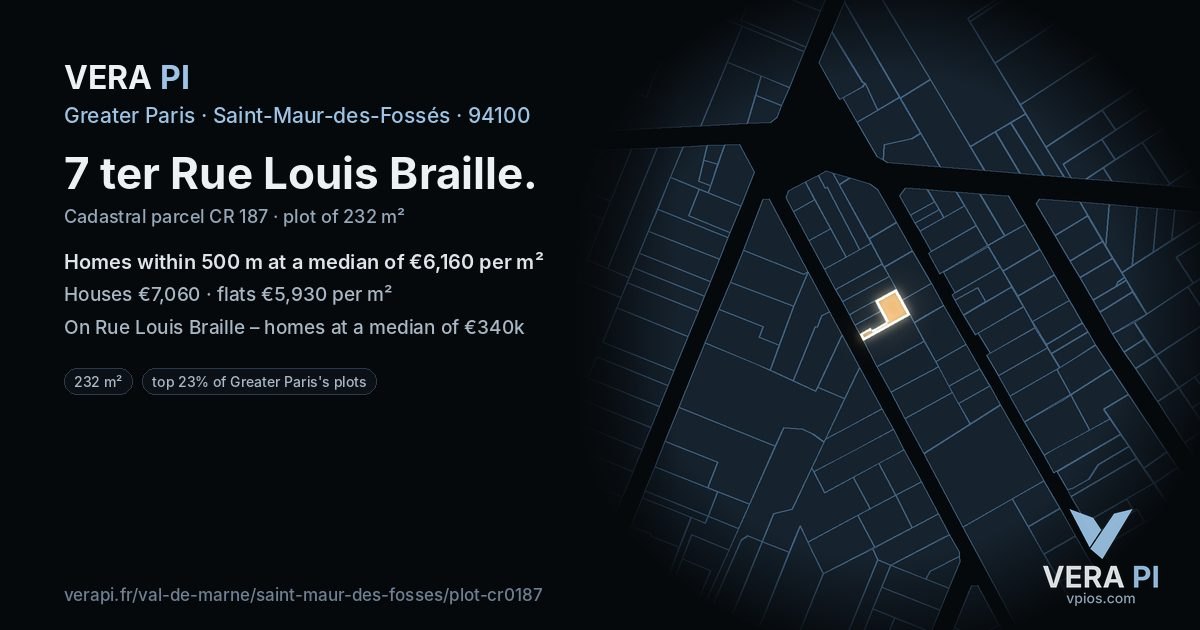 7 ter Rue Louis Braille, Saint-Maur-des-Fossés at night – the plot lit, the parcels around coloured by the prices near them