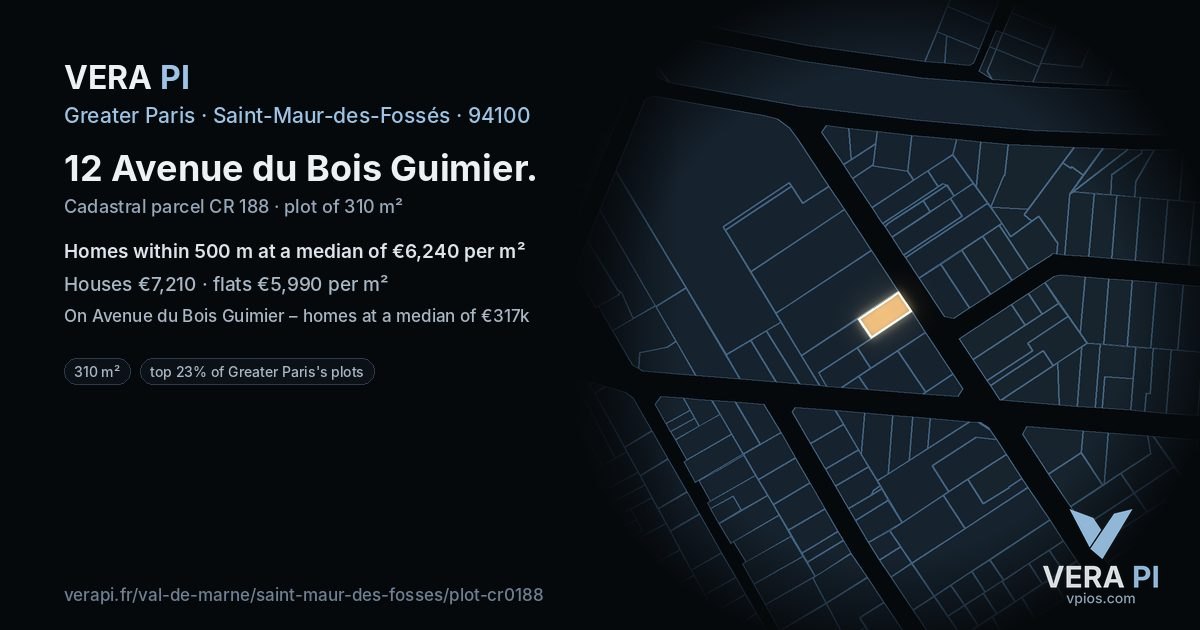12 Avenue du Bois Guimier, Saint-Maur-des-Fossés at night – the plot lit, the parcels around coloured by the prices near them