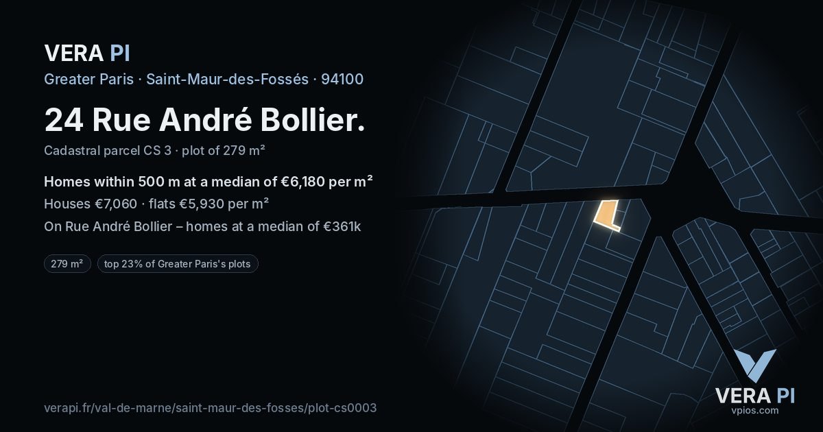 24 Rue André Bollier, Saint-Maur-des-Fossés at night – the plot lit, the parcels around coloured by the prices near them