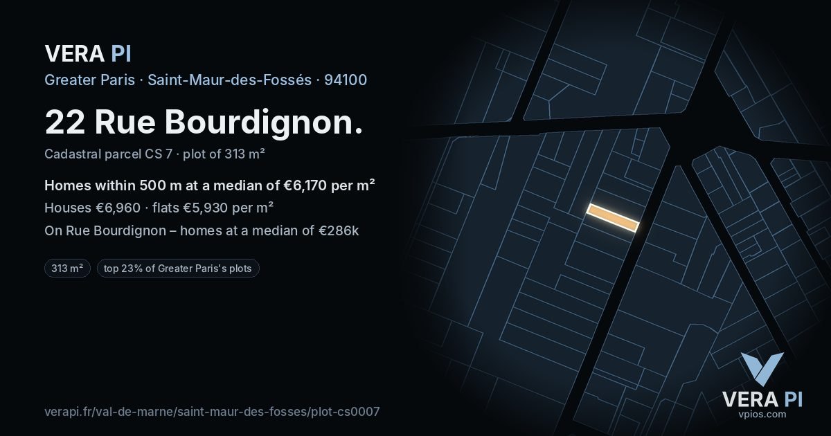 22 Rue Bourdignon, Saint-Maur-des-Fossés at night – the plot lit, the parcels around coloured by the prices near them