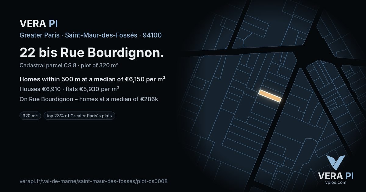 22 bis Rue Bourdignon, Saint-Maur-des-Fossés at night – the plot lit, the parcels around coloured by the prices near them
