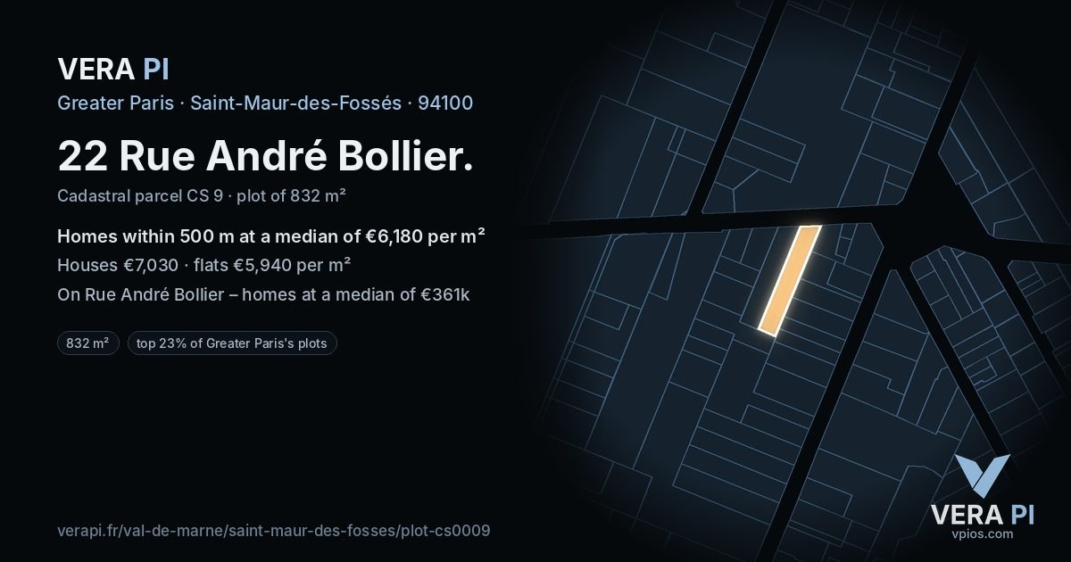 22 Rue André Bollier, Saint-Maur-des-Fossés at night – the plot lit, the parcels around coloured by the prices near them