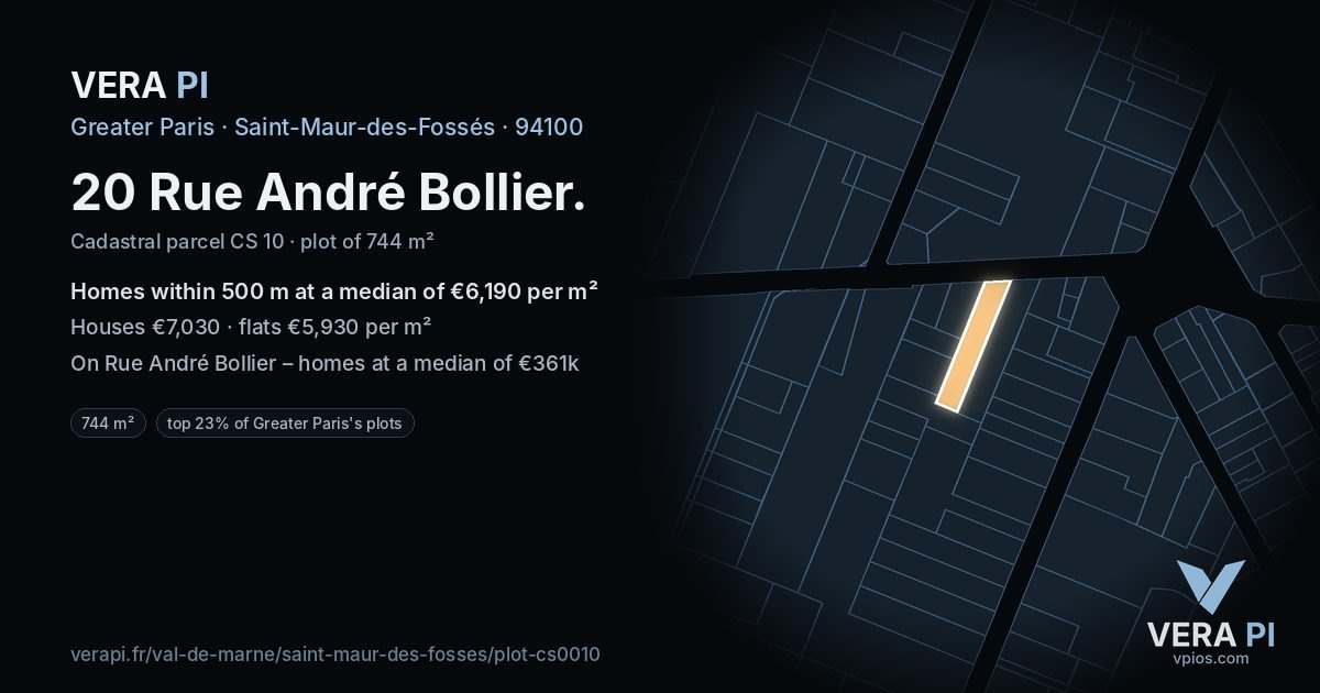 20 Rue André Bollier, Saint-Maur-des-Fossés at night – the plot lit, the parcels around coloured by the prices near them