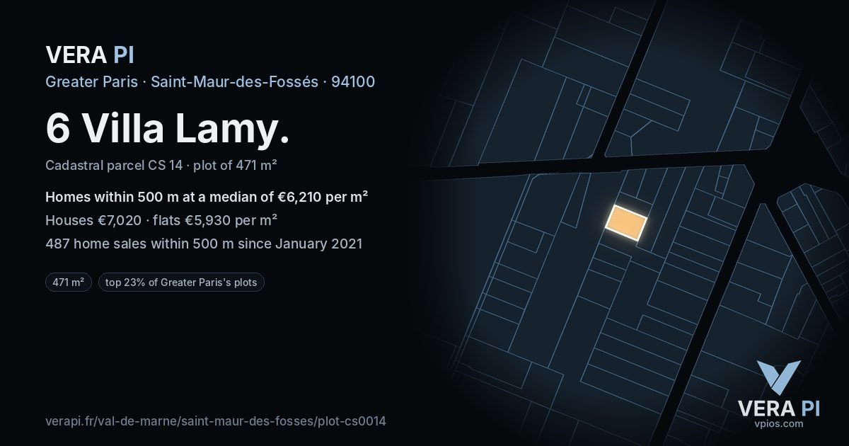 6 Villa Lamy, Saint-Maur-des-Fossés at night – the plot lit, the parcels around coloured by the prices near them